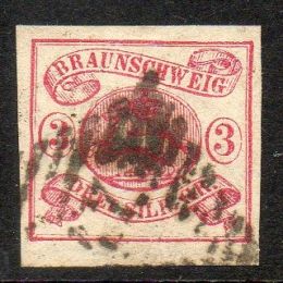1853 Brunswick: stemma filigrana corno 3s. rosa (N°10)