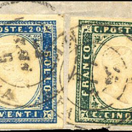 1857 Sardegna 5c. verde mirto + 20c. celeste vivace (N°13A+15h)