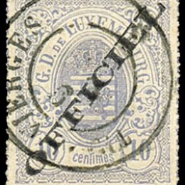 1875 Lussemburgo: Servizi - stemma 10c. grigio lilla con soprastampa “OFFICIEL” del tipo “A” (N°3A).