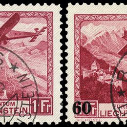 1930/35 Liechtenstein: Posta Aerea -  aeroplano in volo (N°1/6) + soprastampato (N°14) s. cpl.