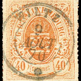 1865 Lussemburgo: stemma 40c. rosso arancio perforato a trattini colorati (N°23)
