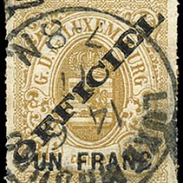 1875 Lussemburgo: Servizi - stemma 1Fr. su 37 ½ bistro con soprastampa “OFFICIEL” del tipo “A” (N°9A)