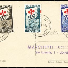 1951 Italia Repubblica: Ginnici (N°661/63) s. cpl. su cartolina non viaggiata annullata "Udine 12.6.51".