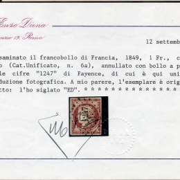 1849 Francia: Cerere 1Fr. carminio chiaro (N°6a)